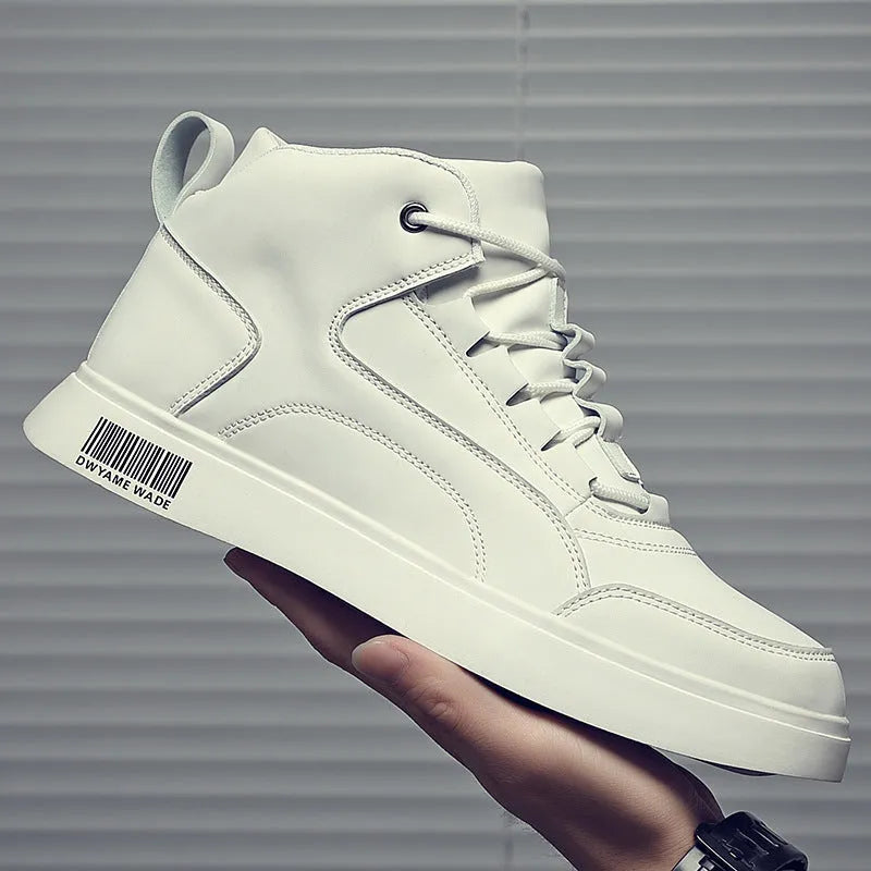 Men's white mid-top casual lace-up trainers with a round toe and flat rubber sole.