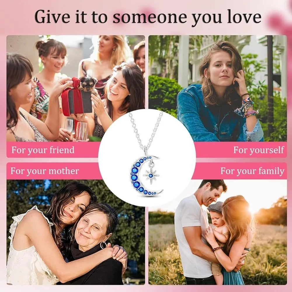 Blue moon pendant necklace in white gold colour with copper geometric moon pendant and O-ring chain, 21-50cm adjustable