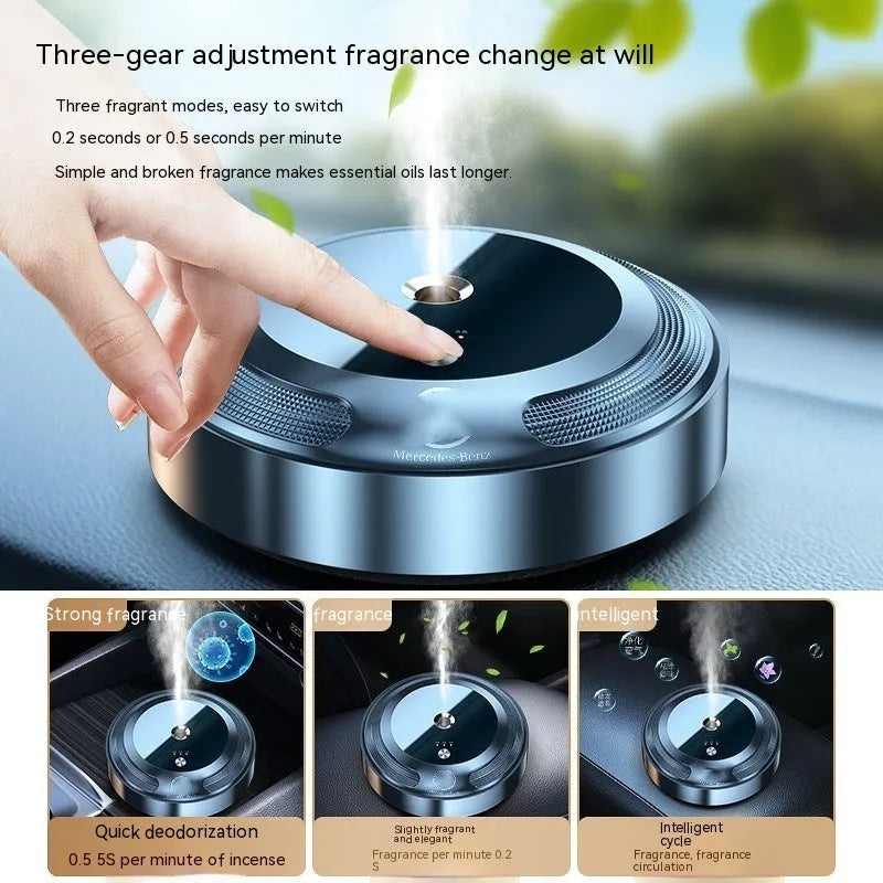 Car fragrance diffuser with zinc alloy shell and automatic spray function for vehicle interiors