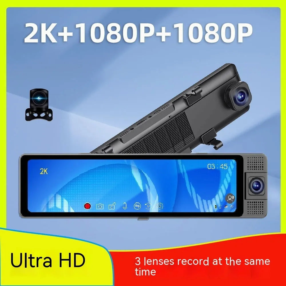 12-inch touchscreen car dash cam and reversing camera system with rear camera on black background