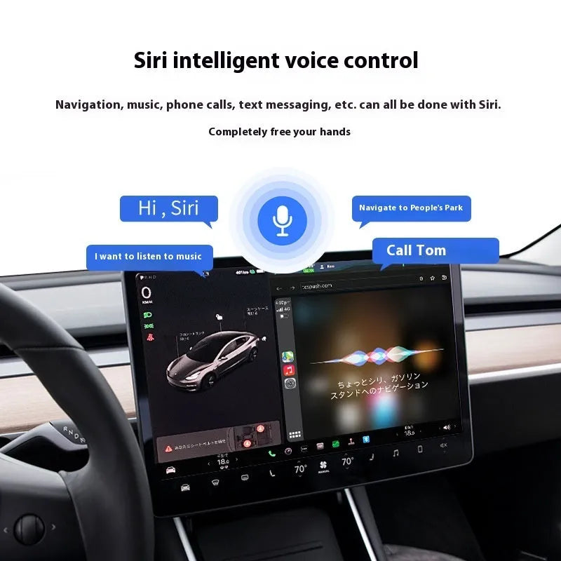 Carlinkit Tesla wireless CarPlay adapter box, ABS PC, 79 × 58 × 15.8mm, with data cables and manual