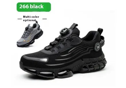 Men's lace-free safety shoes with steel toe cap, fly woven mesh upper and PU sole, in black, blue or grey