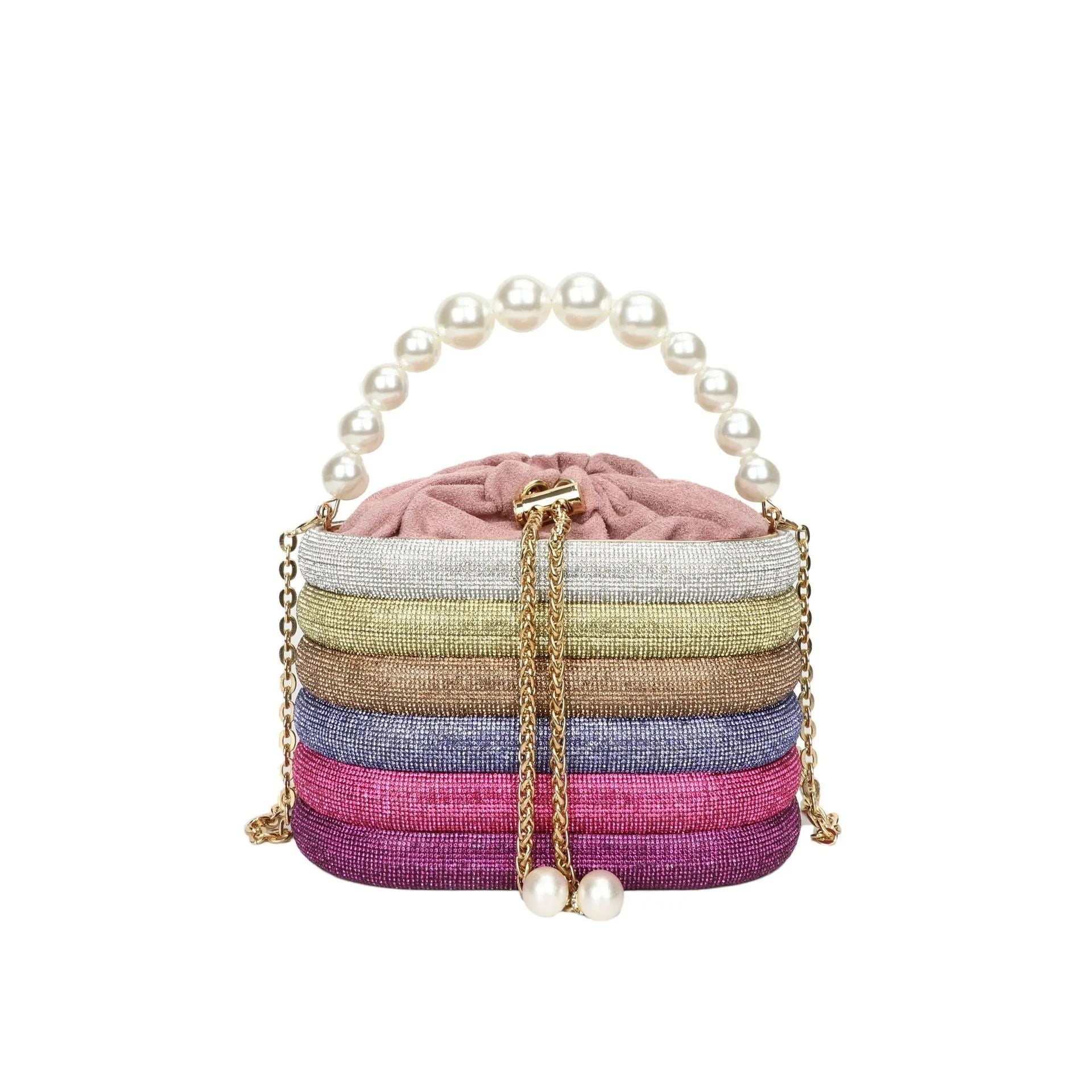 Round soft PU crossbody bag for women with beaded detail and a single strap, shown in a selection of colours.