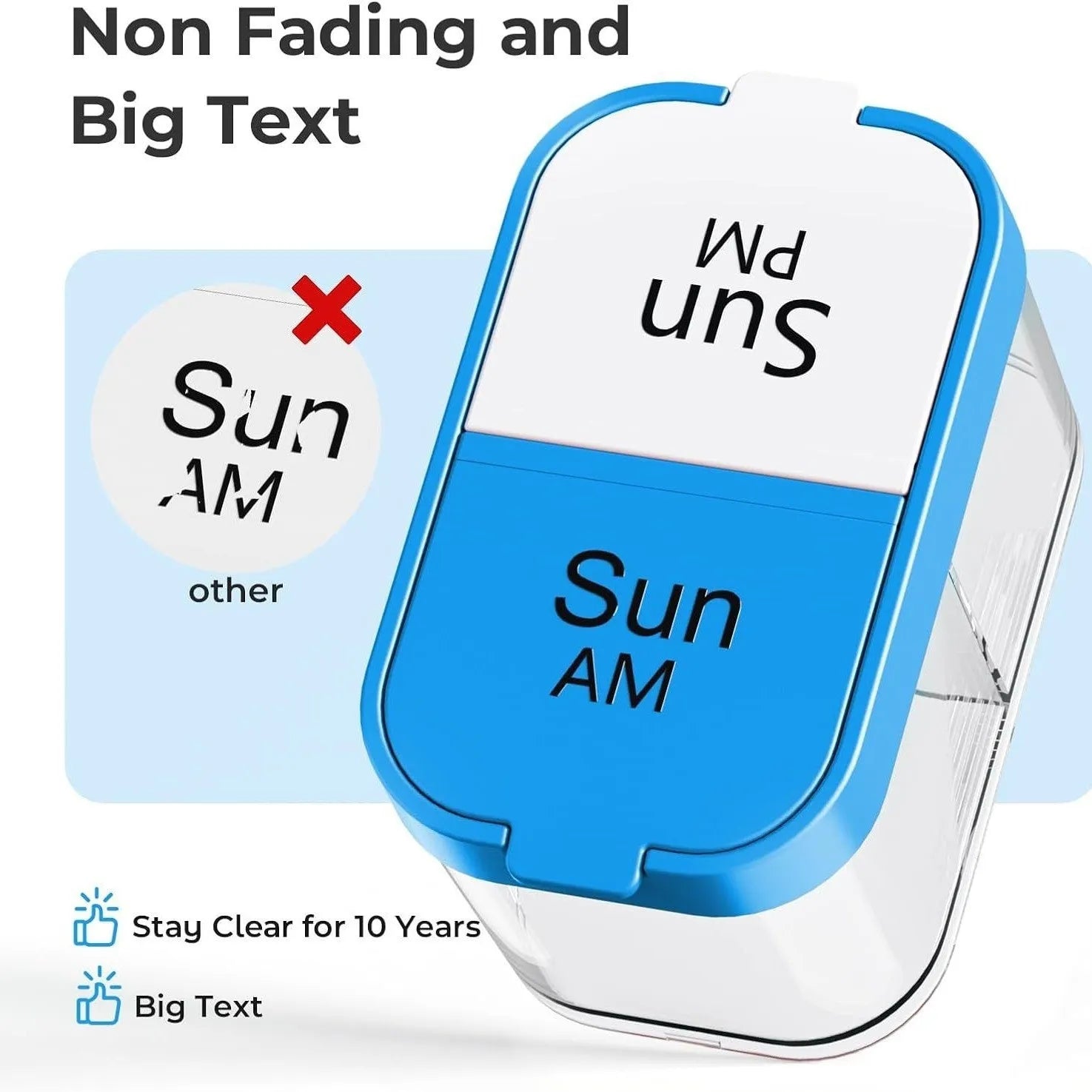 Extra-large white and rainbow coloured plastic pill organiser with 14 removable compartments.