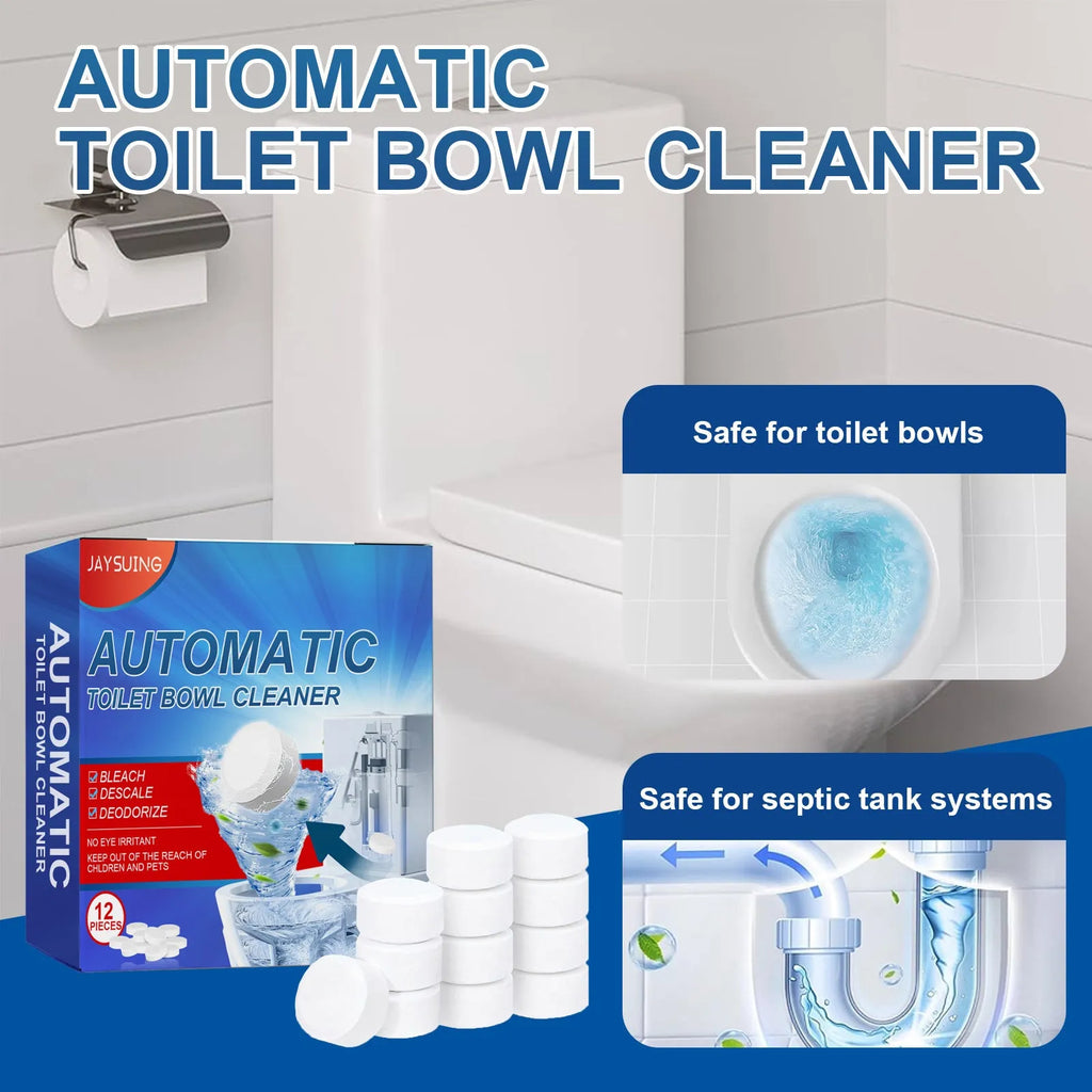 Pack of 12 toilet cleaning effervescent tablets with product size 1.6cm each in 10cm packaging