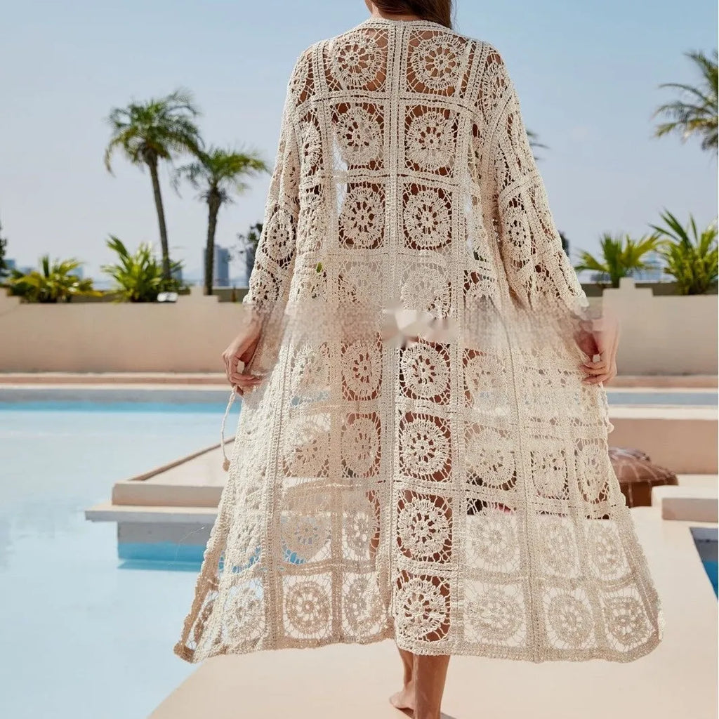 Apricot cotton embroidered beach cover-up shirt with long sleeves