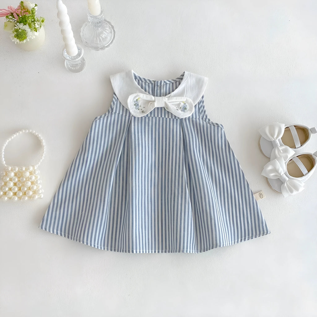 Summer baby bowknot embroidered vest dress in soft fog blue cotton, sleeveless, for girls 73-120 cm