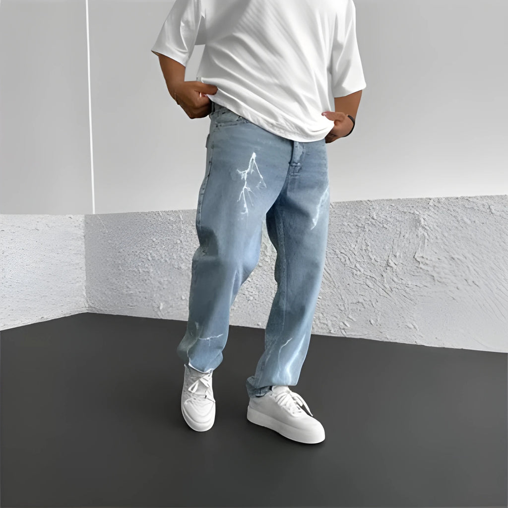 Men's straight-leg denim jeans with mid-waist design showing front view