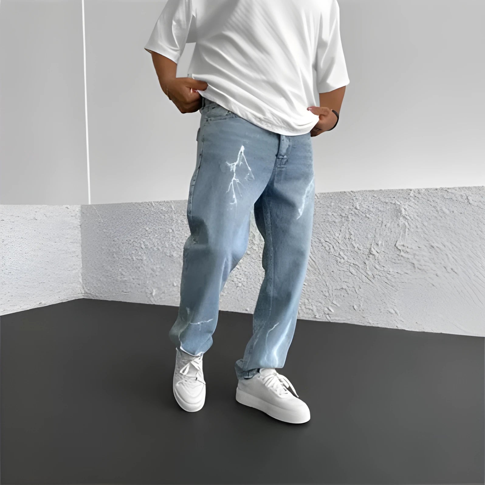 Men's straight-leg denim jeans with mid-waist design showing front view
