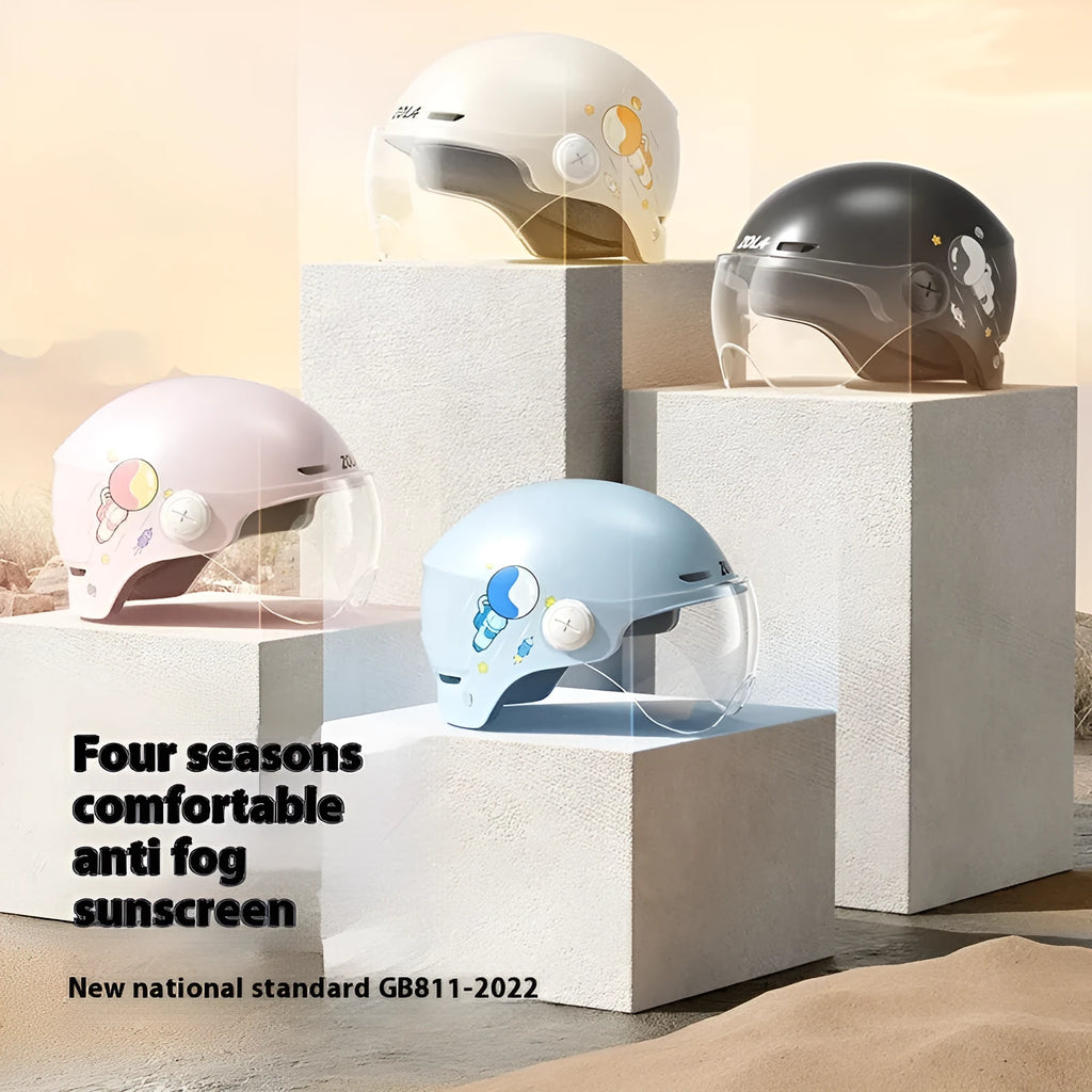 Khaki coloured half helmet for adults on an electric scooter, featuring a long mirrored visor.