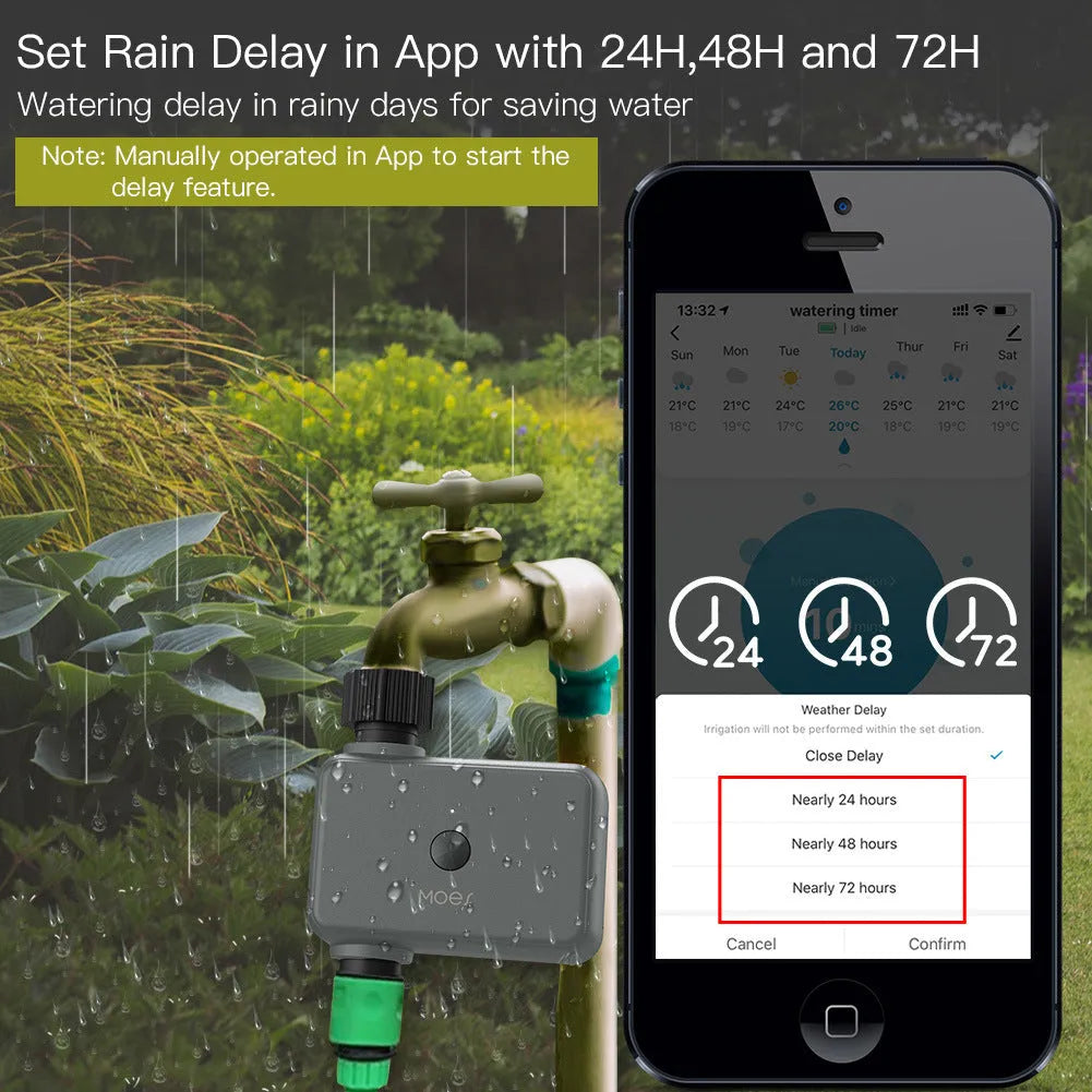 Bluetooth garden sprinkler timer with Smart Life app control on a tap