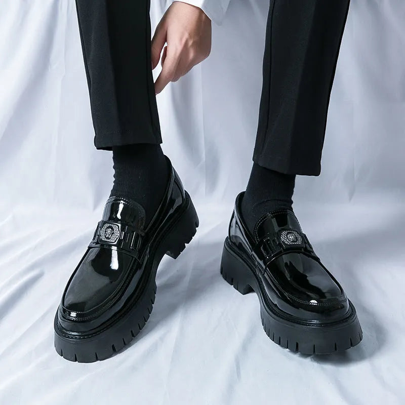 Men's black glossy PU leather platform loafers with a low heel for summer.