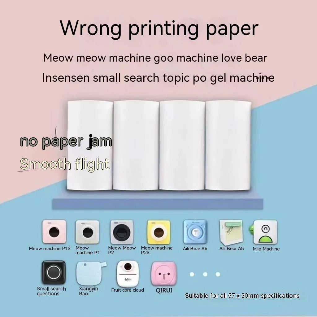 Three rolls of 57mm x 30m thermal printing paper in pink, yellow, and blue for student wrong question books
