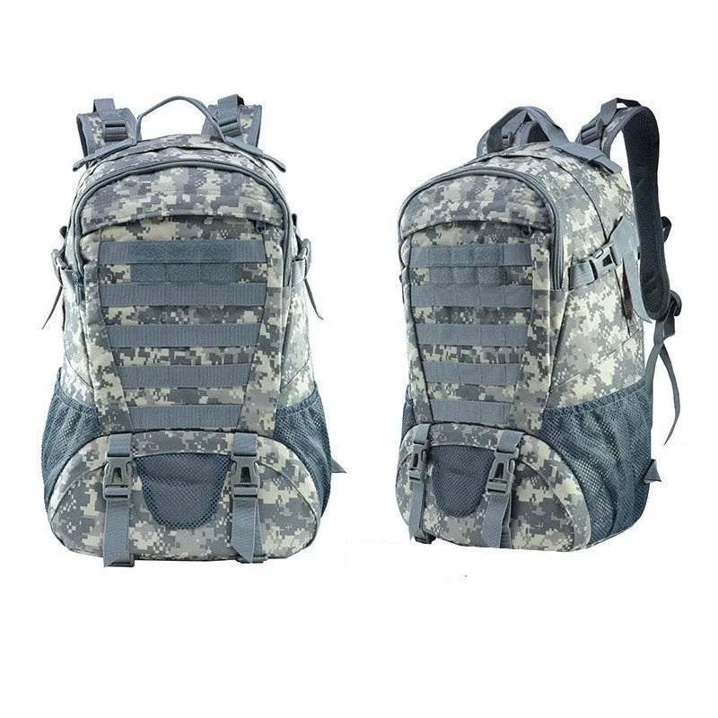 Green camouflage Oxford cloth mountaineering backpack with air pillow belt straps.