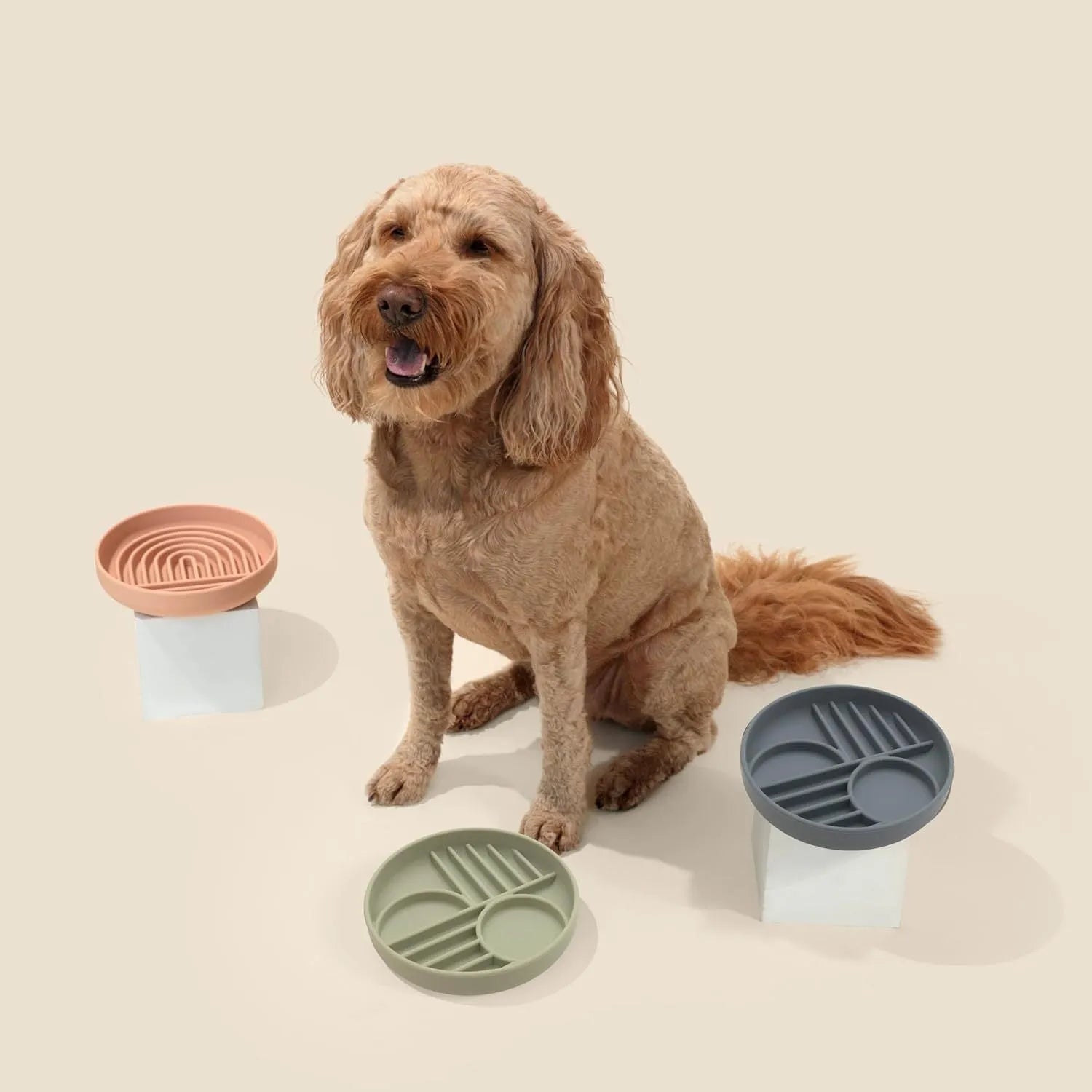 Silicone dog slow feeder bowl with ridges and nooks, shown in beige colour