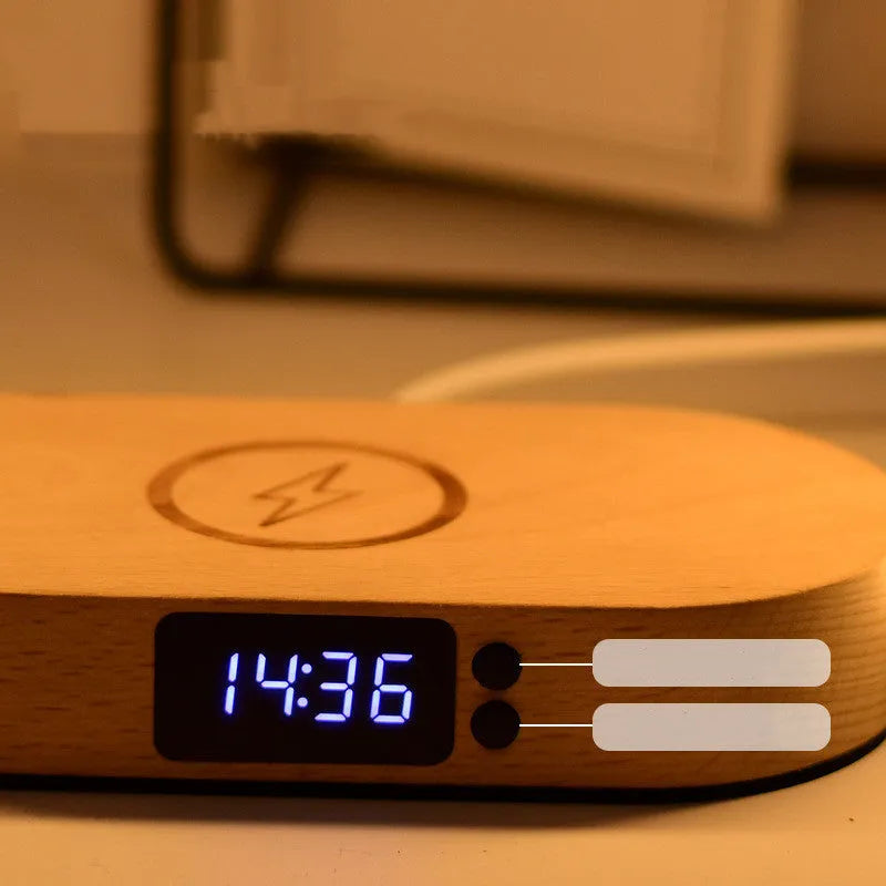 Wooden clock bedside table lamp with touch switch, USB power, wood and aluminium body, WR02 wood grain colour