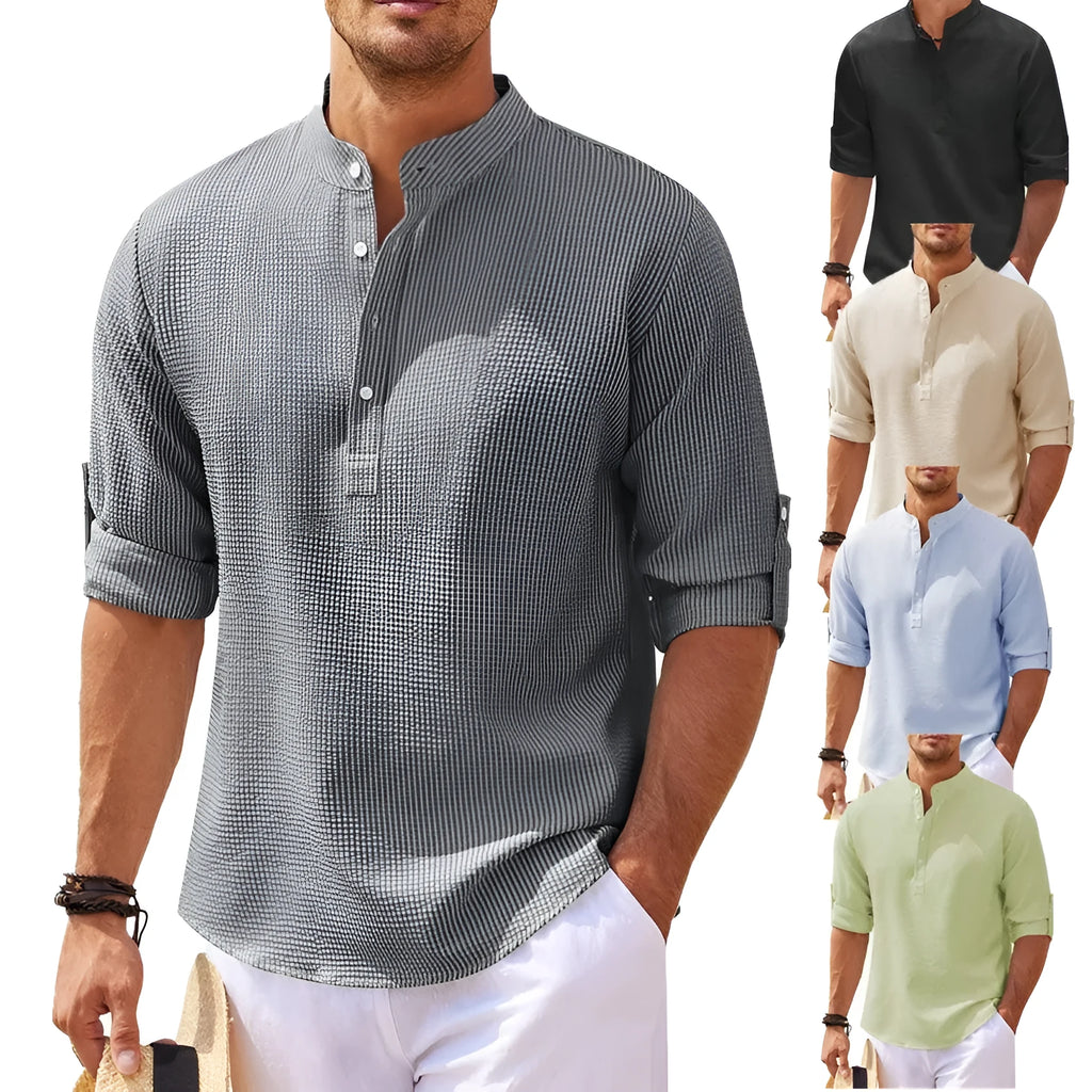 Men's stand collar button shirt with pineapple texture, long sleeve loose fit top in white
