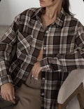 Women's dark brown striped long sleeve shirt in retro style with pocket option