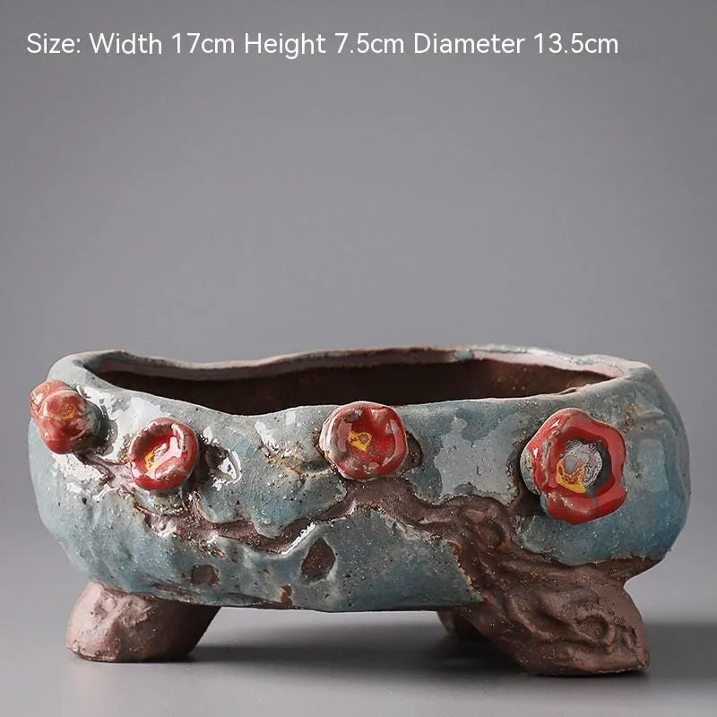 Ceramic combination flower pot with hand-painted pastoral design for plant display