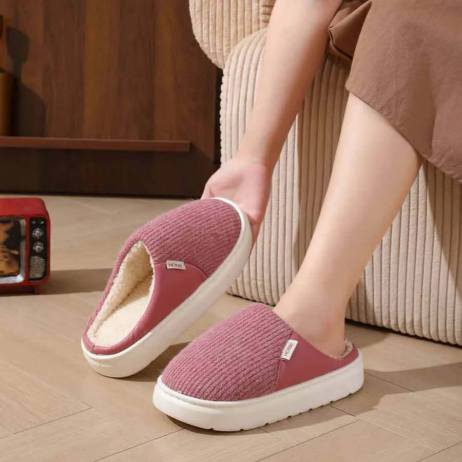 Winter warm plush home slippers with knitted fabric upper and thick TPR sole in multiple colours