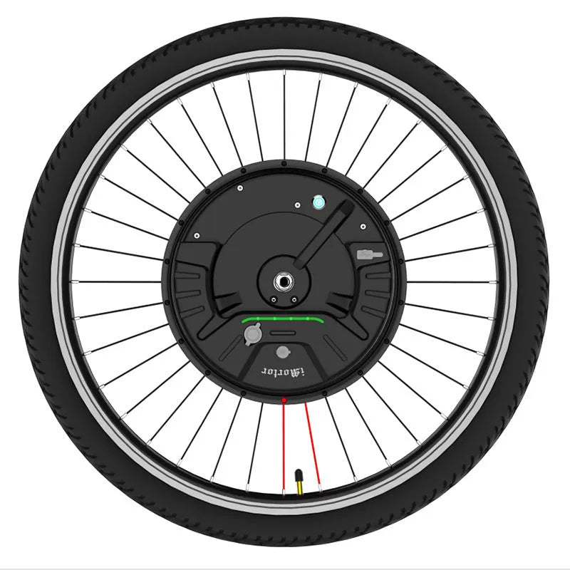Black 26-inch bicycle rear wheel with integrated Imotor 3.0 alloy hub motor for e-bike conversion