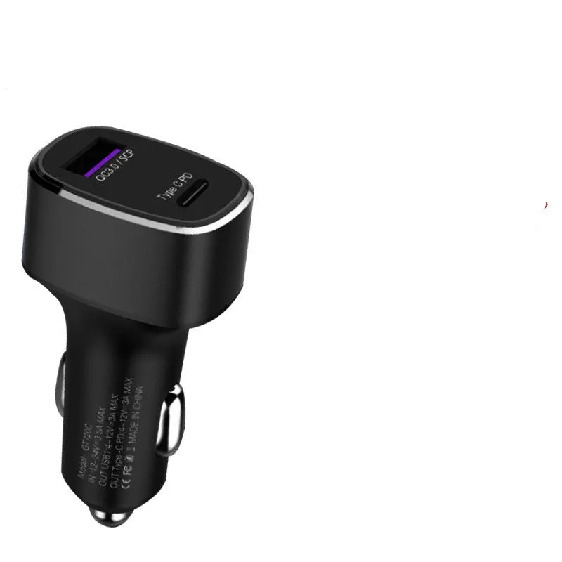 Dual USB and Type C car fast charger with QC 3.0 and PD support in black or grey