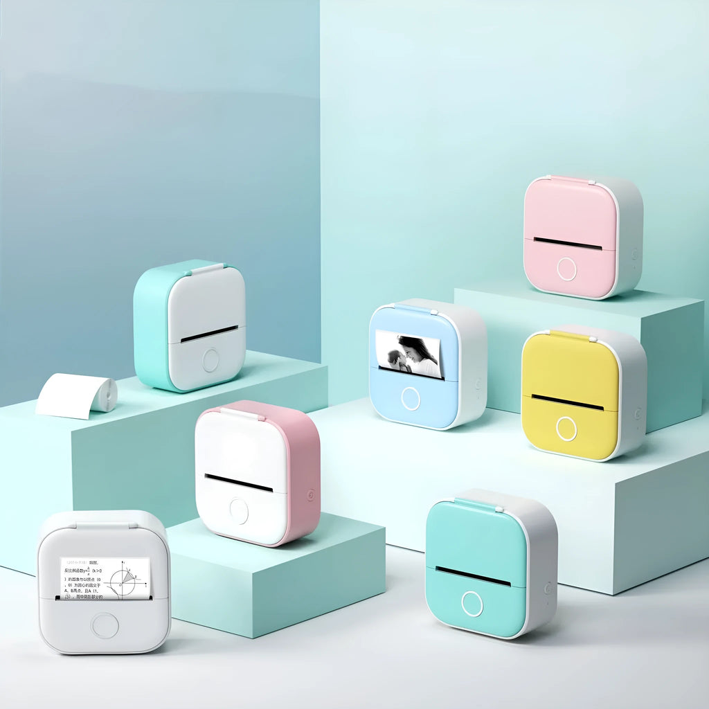 Mini portable thermal printer with USB cable and paper roll in rabbit ear protective case design