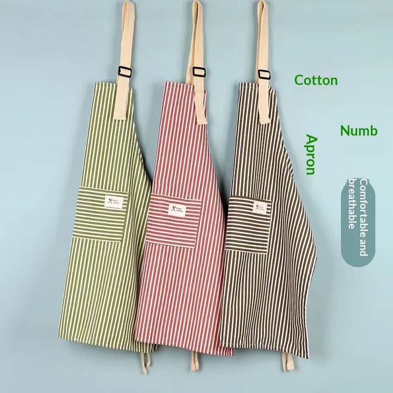 Linen stripe apron in green blue brown red or grey for kitchen and household chores