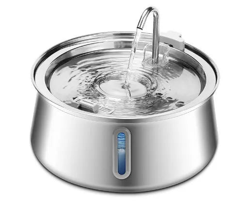 Stainless steel pet water dispenser with round basin and window faucet for dogs and cats.
