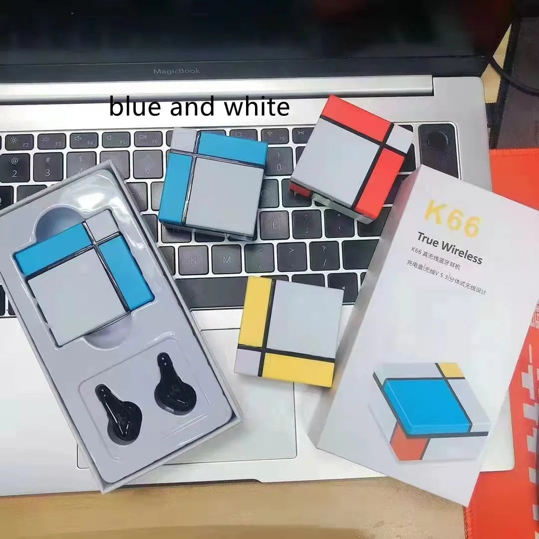 Blue and white Bluetooth gaming headset with a digital display on the ear cup.