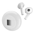 White Wireless Budz5 J6 Bluetooth earbuds and charging case on a table
