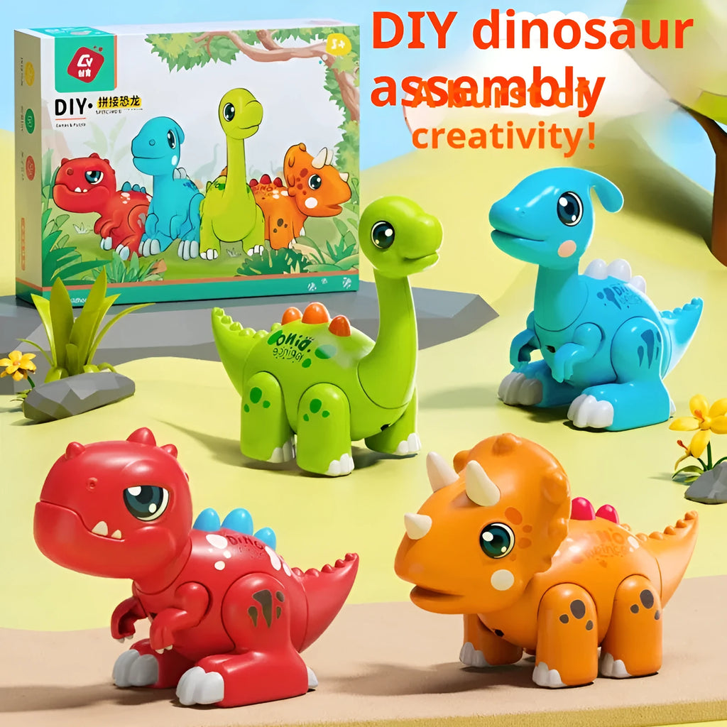 Magnetic assembly dinosaur toy in ABS, four model types with listed sizes from 15.5cm to 18cm, ages 3 plus