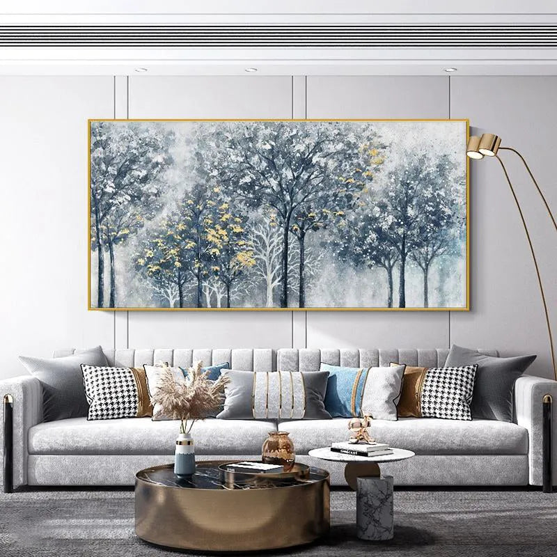 Hand-painted abstract forest tree oil painting on canvas in silver-gray, blue and golden tones, horizontal unframed wall art.