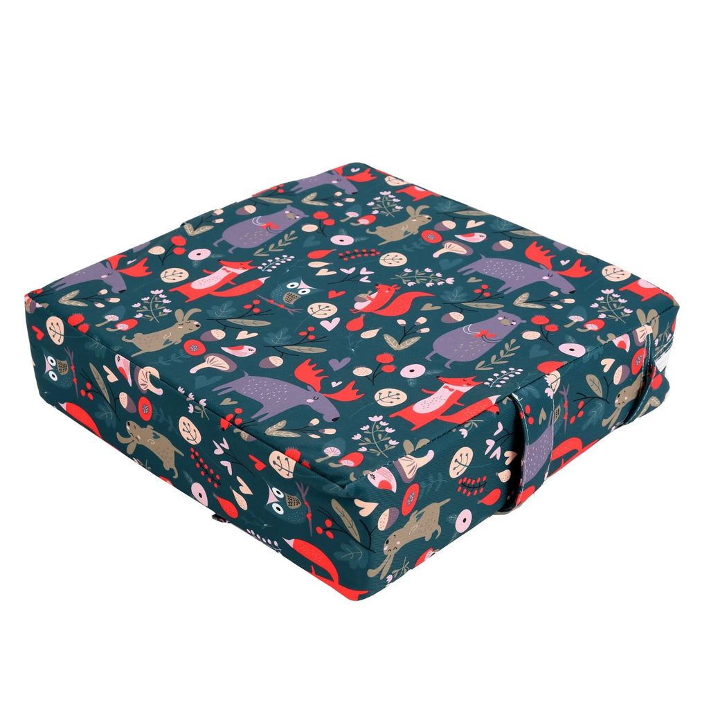 Portable children's dining chair booster seat cushion with Happy Animals pattern, dark green background, small style