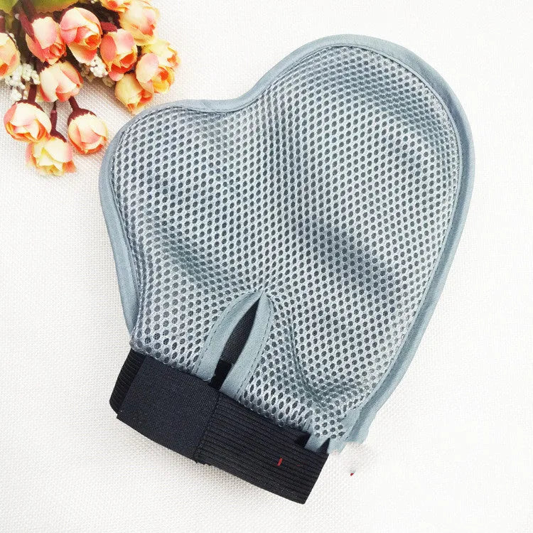 Grey metal pet bathing glove and massage brush, 23.5 x 18.5 cm, hand-worn pet shower grooming mitt