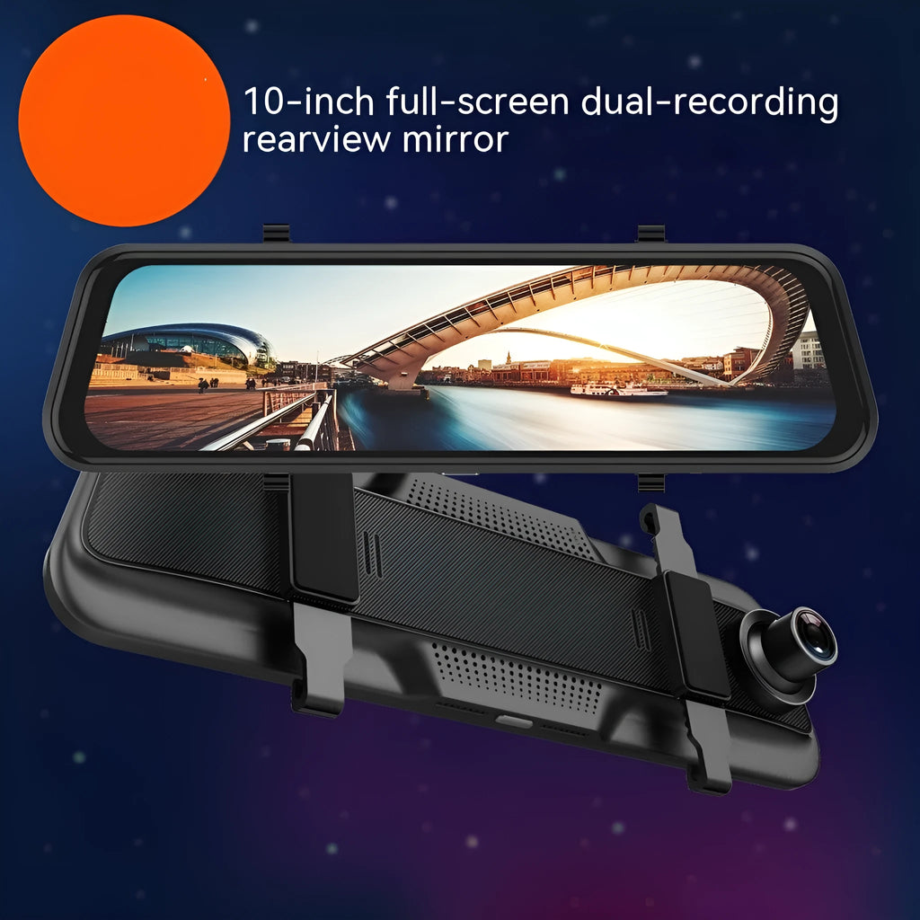 Black rearview mirror format driving recorder with large touchscreen display