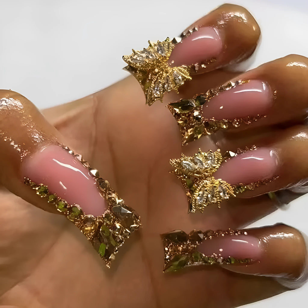Golden diamond debris butterfly nail stickers set with adhesive glue for DIY manicures