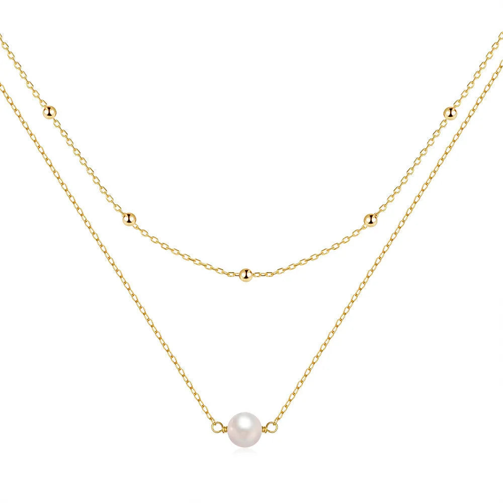 S925 sterling silver double layer pearl necklace with geometric pendant on a ball bead chain.
