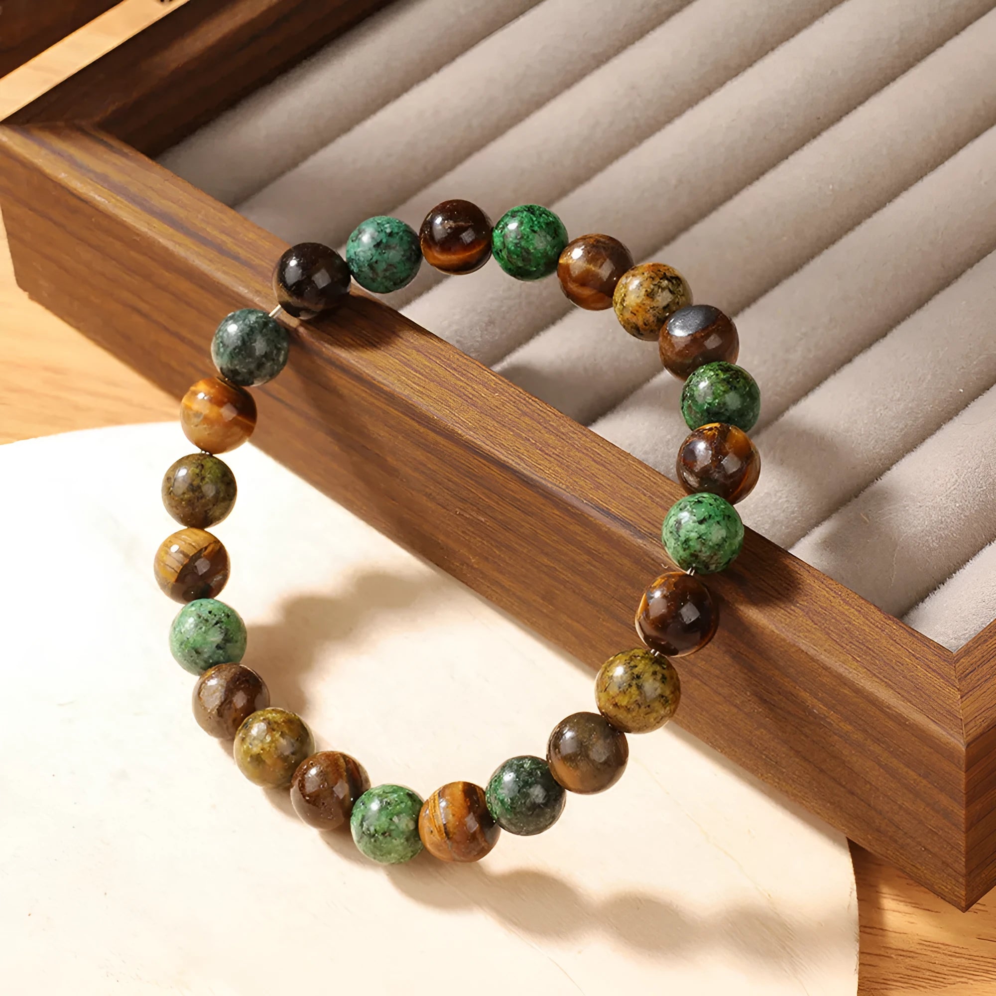 Handmade tigereye stone bracelet with 18mm flower bead in antique style