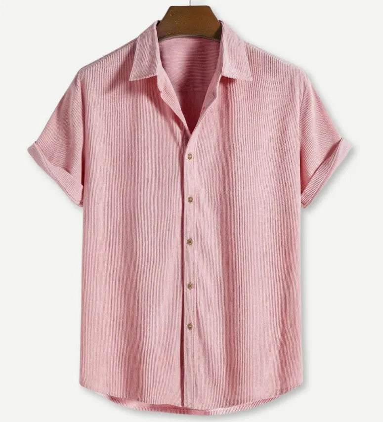 Men's casual short-sleeved polyester shirt in cardigan style showing colour options and extended sizing