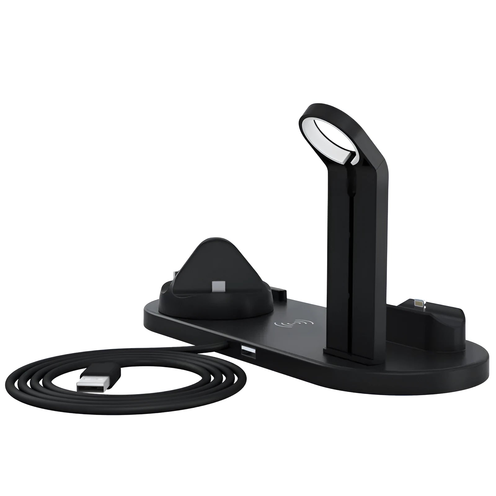Desktop stand three-in-one wireless charger for phone, watch, and earbuds in black