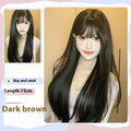 Dark brown synthetic long straight wig with fringe for women with round face shapes