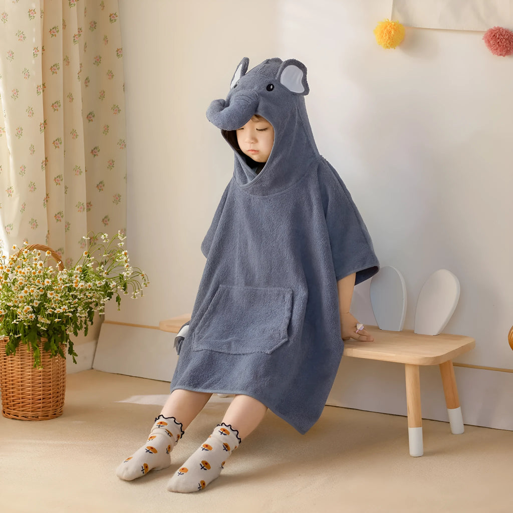 Children's pure cotton hooded pullover bathrobe in Penguin, Elephant, or Fox design, length 63cm.
