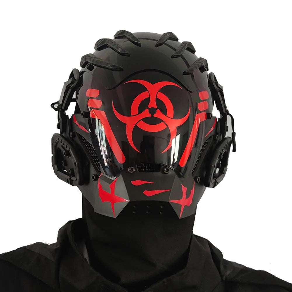 Black full-face bioweapon-style prop helmet with bio-mechanical details, shown from the front.