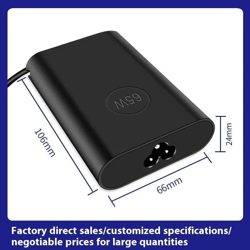 Black 65W USB-C laptop power adapter with multiple international plug attachments on white background