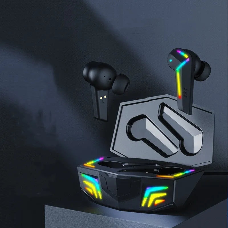 Small black wireless Bluetooth sports headset with low latency for gaming.