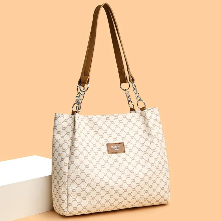Women's retro fashion handbag in soft PU leather available in brown, white and grey colours