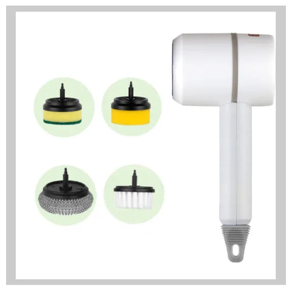 White electric cleaning brush with rotating scrub head and separate scouring pad attachment