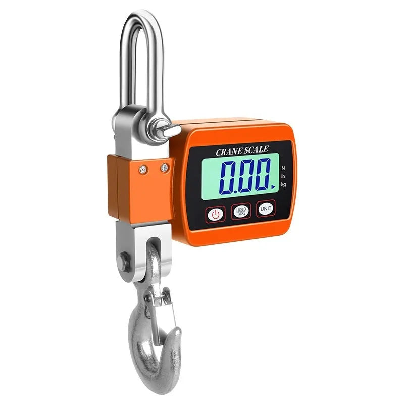 Electronic hook scale digital display with 500kg capacity in blue, orange and white colour options