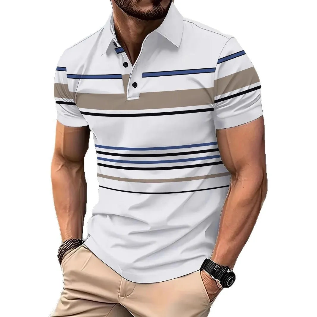 Men's white striped polyester t-shirt with short sleeves and loose slim fit for summer casual wear